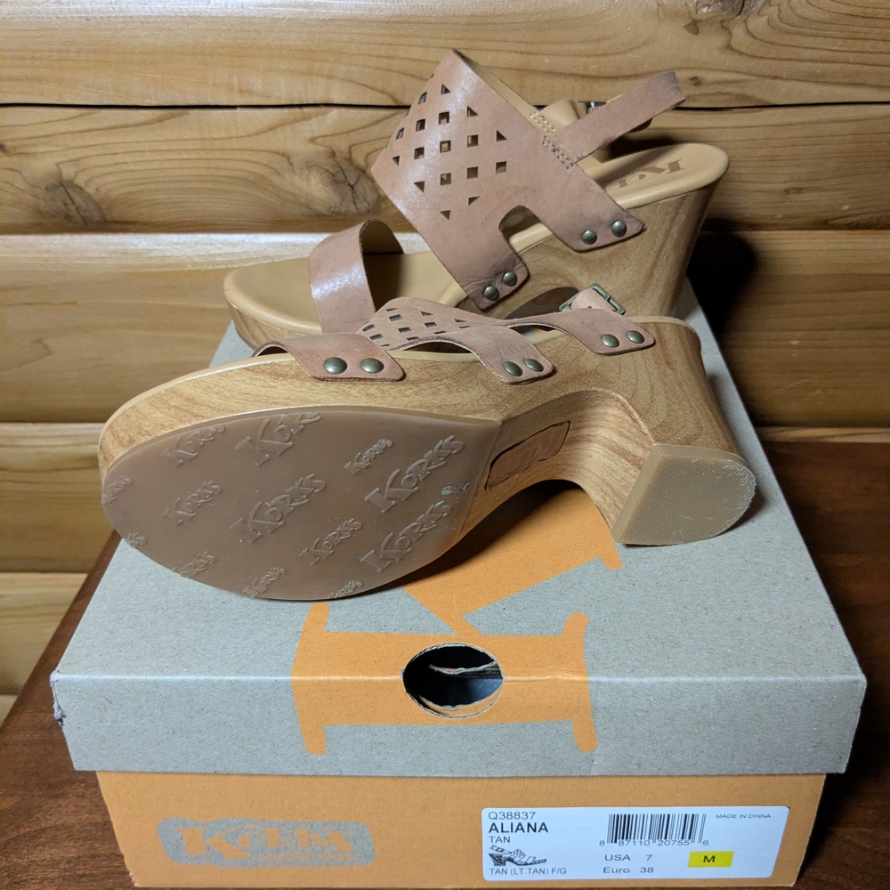 Korks Tan Wedge Sandals - Picture 2 of 12